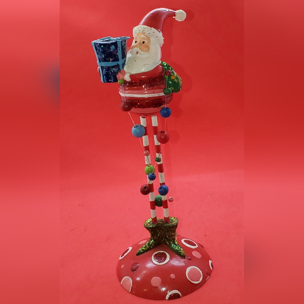 Whimsical Santa Claus Figurine w/ Long Peppermint Legs & a Gift